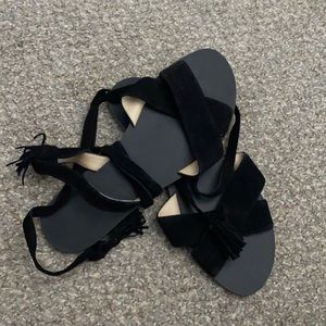 J.Crew Black Suede Laceup flat sandals 9.5